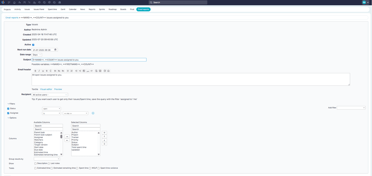 Reminder of assigned tasks