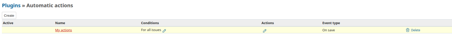 Automatic actions page with a active action