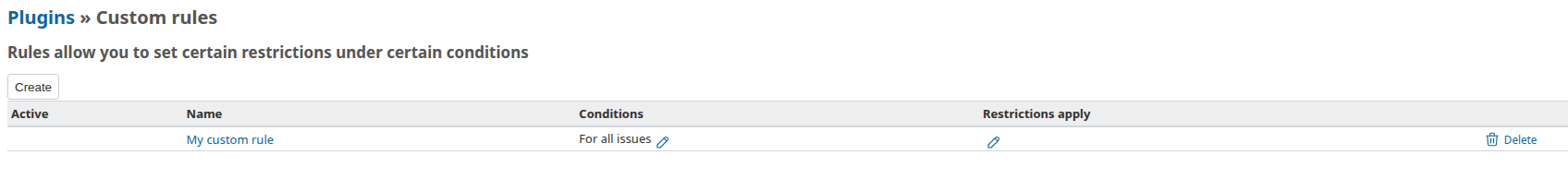 Custom rules page with a active rule