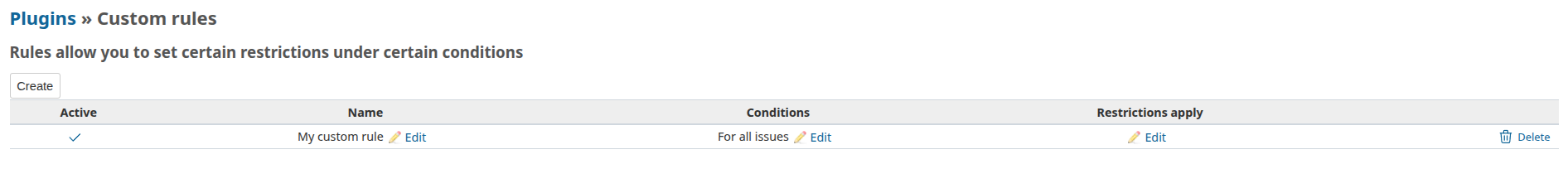 =1892x233 Custom rules page with an active rule