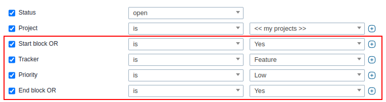 Status UND Projekt UND (Tracker ODER Priorität)
